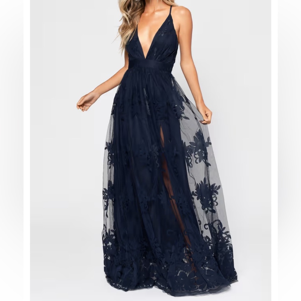 Luxxel Navy Blue See Through Overlay Floral Print Maxi Prom Dress Gown S